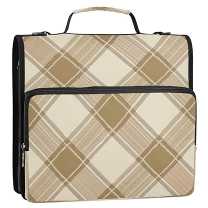 Light Brown Plaid Pattern Zipper Binder 3 Ring with Shoulder Strap and Handle Multiple Pockets Expanding File Folder Organizer