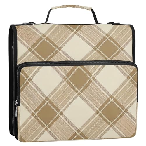 Light Brown Plaid Pattern Zipper Binder 3 Ring with Shoulder Strap and Handle Multiple Pockets Expanding File Folder Organizer
