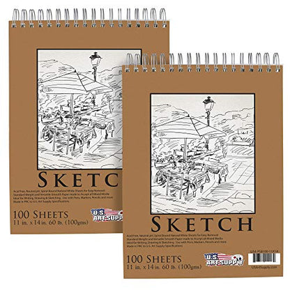 U.S. Art Supply 11"x14" Top Spiral Bound Sketch Book, 2 Pack, 100 Sheets Each, 60lb (100gsm), Acid-Free, Artist Sketchbook, Drawing Pad for Adults & Students - size: 11-x-14-inch