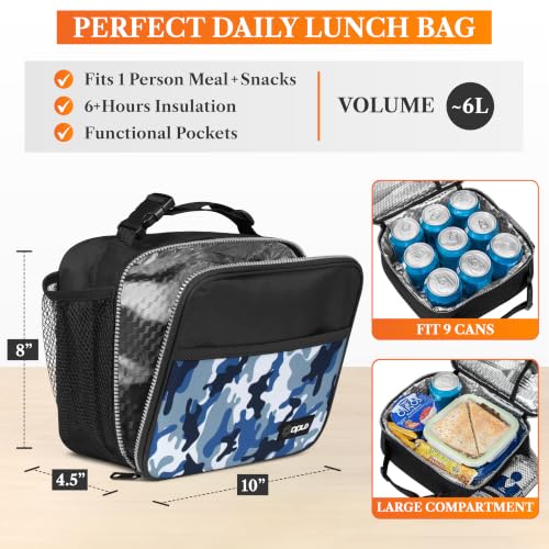 opux Insulated Lunch Bag for Kids, Reusable Lunch Box for School with Leakproof Lining, Compact Soft Cooler Tote for Boys & Girls, Front Pocket, Mesh Side Bottle Holder (Camo Blue) - color: Camo Blue