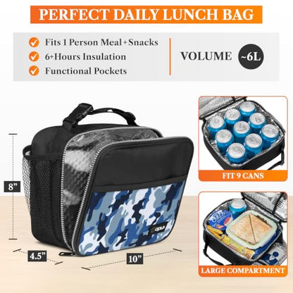 opux Insulated Lunch Bag for Kids, Reusable Lunch Box for School with Leakproof Lining, Compact Soft Cooler Tote for Boys & Girls, Front Pocket, Mesh Side Bottle Holder (Camo Blue) - color: Camo Blue