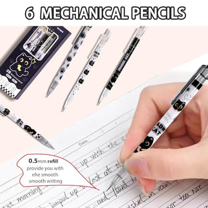 6 Pcs Black Cute Cat Mechanical Pencils with Eraser 0.5mm Kawaii Cartoon Cat Mechanical Pencil School Pencil Cat Gifts for Women Man - style: 1 black kawaii cat