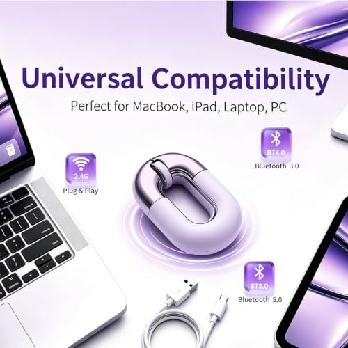 Travel Mouse Purple Wireless Mouse for Laptop Bluetooth Silent Mouse | Rechargeable Portable Cute Donut Mice Dual Mode & 2.4G, 1200 DPI for Mac, iPad, PC - color: Purple