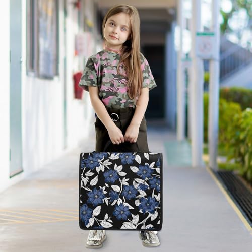 Navy Blue Flowers Zipper Binder 3 Ring with Shoulder Strap and Handle Multiple Pockets Expanding File Folder Organizer