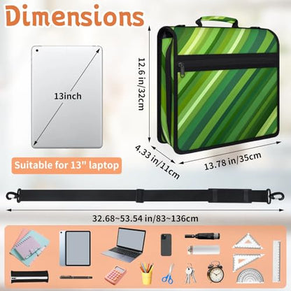 Green Stripe Zipper Binder, 3 D-Ring Expanding File Folder with Handle & Adjustable Shoulder Strap, 400 Sheets Capacity Multi-Pocket Organizer for 13 Inch Laptop - color: Green Stripe