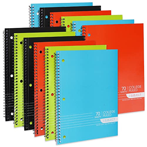 Spiral Notebooks, Bulk 1-Subject Notebook, College Ruled Notebooks - 70 Sheets - 3 Hole Punched, Subject Notebooks for School Classroom, Home, Office - Perforated Pages, Assorted Colors - (12 Pack) - style: 12 Pack