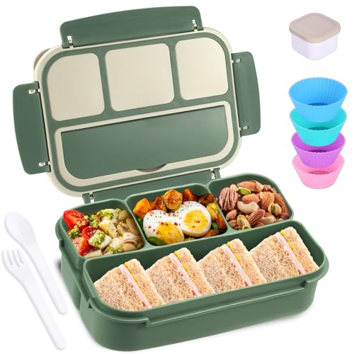 Bento Box Adult Lunch Box, Lunch Containers for Kids Girls Boys with 4 Compartments, Lunchable Food Container with Utensils, Sauce Jar, Muffin Liners, 40 Oz/5 Cup, Microwave & Dishwasher Safe, Green - color: Green
