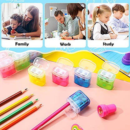 Tenare 48 Pcs Back to School Pencil Sharpeners Manual Double Hole Pencil Sharpener with Lid Hand for Home School Office, Graduation Gifts Handheld Plastic Crayon Sharpener