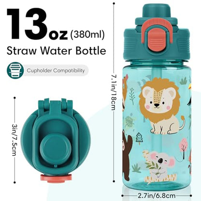 Kids Water Bottle with Bite & Sip Straw, Excavator/Jungle Animals | 13oz Toddler Water Bottle · BPA-Free, Handle, Leak-Proof, and Pop-Up Spout Cover · Safe for School Sports Travel & Camp