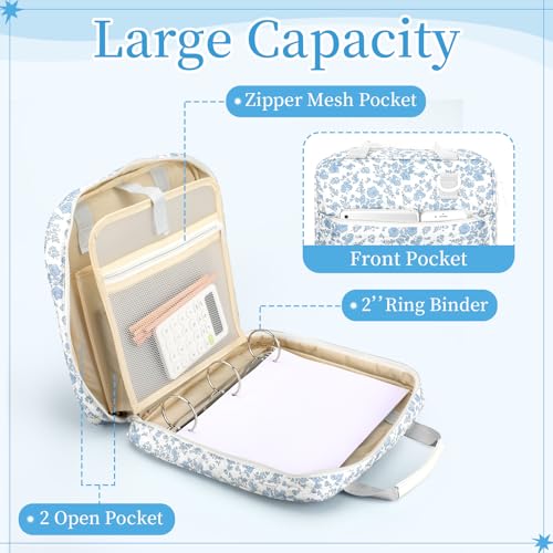 Zipper Binder Folder Keeper with Strap 2 Inch 3 Ring Multi-Pocket Zipper Bag for 13" Laptop 5-tab Expanding File Folder for Women Men Office Middle High School(Blue,Flower) - color: Blue, style: Flower