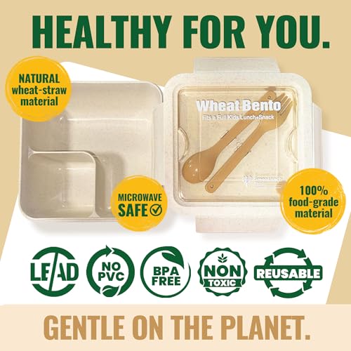 GreenLunch Bento Lunch Box for Kids, Large 2-Compartment, Durable and Microwave Safe, BPA-Free with Utensils, Wheat Straw Snack Containers for Kids – Beige - color: Natural