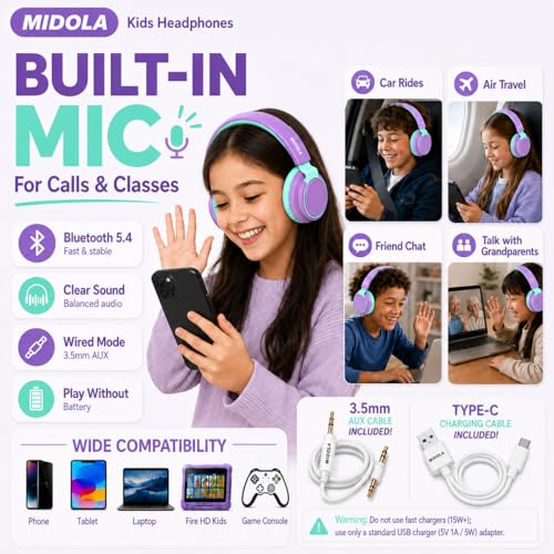 MIDOLA Kids Bluetooth Headphones 68H Play Time,Volume Limit 85/94dB, Foldable Lightweight Wireless Over-Ear Headphone for Toddler Kid Child Pad,Headsets with Aux Built-in Mic Purple - color: Purple