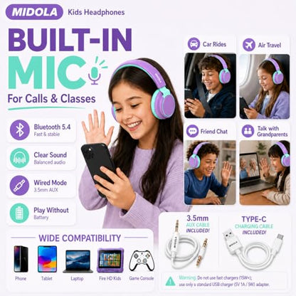 MIDOLA Kids Bluetooth Headphones 68H Play Time,Volume Limit 85/94dB, Foldable Lightweight Wireless Over-Ear Headphone for Toddler Kid Child Pad,Headsets with Aux Built-in Mic Purple - color: Purple