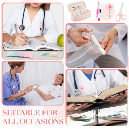 Jutom 50 Pcs Nursing School Cna Essentials for Students Work Aesthetic Stationery Gift Include Medical Scissors Badge Reel Transparent Sticky Notes Pens Notebook Pencil Case Highlighter Label(Pink) - color: Pink