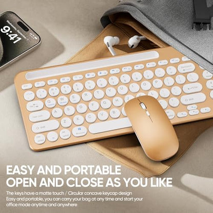 Wireless Keyboard and Mouse Combo with Phone Tablet Holder, Rechargeable Dual-Mode (Bluetooth 5.0 and 3.0 +2.4G) Multi-Device Silent Mouse for Windows, iPad, Tablet, MacOS,iOS,Android (Gold) - color: gold