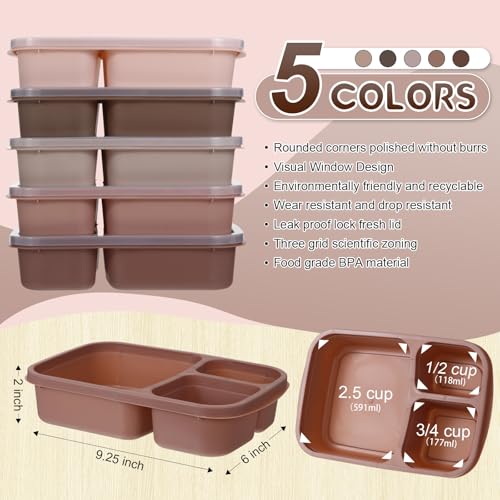 Honeydak 5 Pack Snack Containers 3 Compartment Bento Snack Boxes Divided Meal Prep Containers with Lids Reusable Adults Lunch Food Storage Box for School Work Travel(Brown) - color: Brown