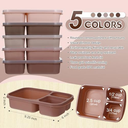 Honeydak 5 Pack Snack Containers 3 Compartment Bento Snack Boxes Divided Meal Prep Containers with Lids Reusable Adults Lunch Food Storage Box for School Work Travel(Brown) - color: Brown