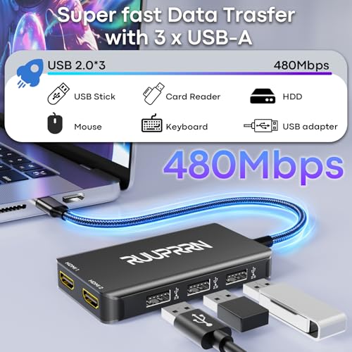 6-in-1 USB Hub (0.99FT), USB C to Dual HDMI Adapter 4K@60Hz, HDMI Splitter Extended Display for Dual Monitors with 100W PD Port, USB 2.0, Dual Monitor Adapter for MacBook Neo/Air/Pro, XPS, HP