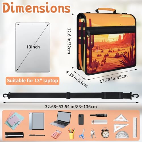 Desert Sunset Zipper Binder, 3 D-Ring Expanding File Folder with Handle & Adjustable Shoulder Strap, 400 Sheets Capacity Multi-Pocket Organizer for 13 Inch Laptop - color: Desert Sunset