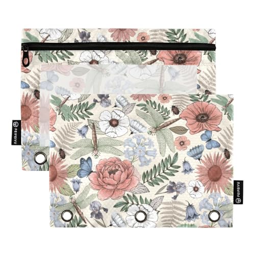 ALAZA Pencil Pouch for 3 Ring Binder, Boho Flowers and Dragonflies Binder Pencil Pouches with Clear Window Zipper Pencil Case Cosmetic Bags for Office College Supplies, 2PCS - color: color 57, size: one sizex2