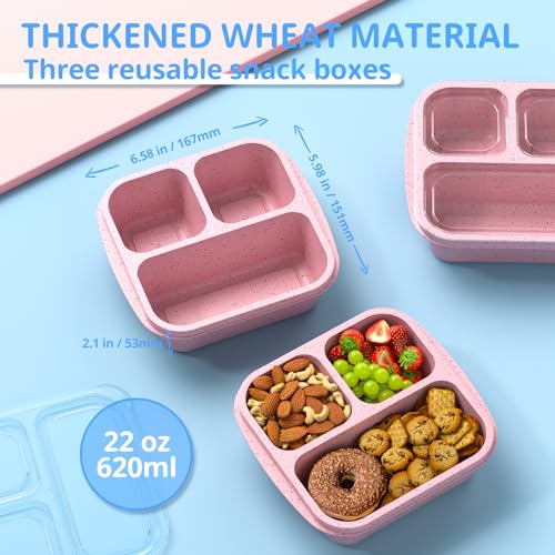 Snack Boxes (3 Pack) - Stackable Bento Boxes with 3 Compartments, Meal Prep Containers Reusable, Lightweight Lunch Containers for Kids and Adults, BPA Free (Pink) - color: Pink