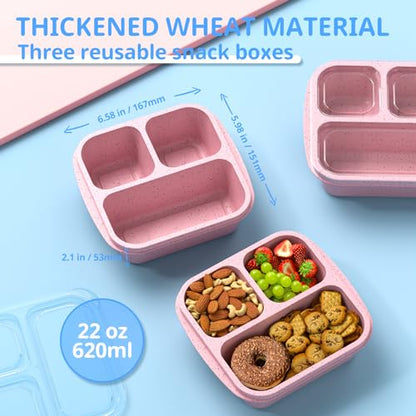 Snack Boxes (3 Pack) - Stackable Bento Boxes with 3 Compartments, Meal Prep Containers Reusable, Lightweight Lunch Containers for Kids and Adults, BPA Free (Pink) - color: Pink
