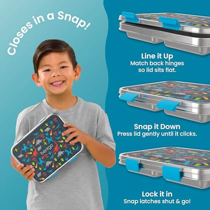 Bentgo Kids Stainless Steel Prints Leak-Resistant Lunch Box - 3-Compartments with Bonus Silicone Container, Durable, Eco-Friendly, Dishwasher Safe, BPA-Free, Ideal for School, Ages 3+ (Dinosaur) - color: Dinosaur