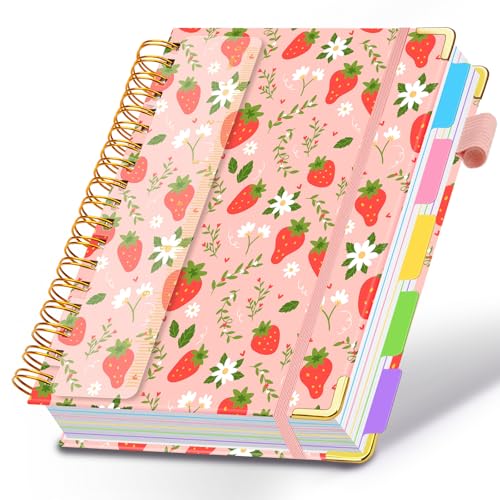 Spiral Journal Notebooks for Work, 300 Pages 5 Subject Notebook College Ruled with Dividers & Tabs, A5 Notebook Journal for Women Students Note-Taking and Organizer (Pink Strawberry) - color: Pink Strawberry, size: 6.2''x 8.2''