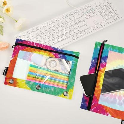 2 Pack 3 Ring Binder Pencil Pouch Tie Dye Pencil Case Pencil Bags with Zipper, Clear PVC Binder Pockets for Office Daily Supplies - color: Color 16