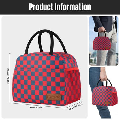 Lunch Bag Women/Men Lunch Box Women/Men (Dark blue+Red Checkerboard) | Spacious Lightweight Waterproof Sturdy Durable Great Value For Office Work School Picnic Travel - color: Dark blue+Red Checkerboard