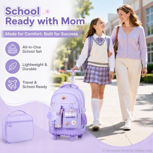 gxtvo 3PCS Girls Rolling Backpack, Women Roller Bookbag with Lunch Box for Adults, Water Resistant Wheeled School Bag for College Teens Kids Travel - Purple - color: 3pcs Set Purple