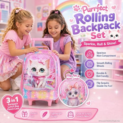 WZLVO 4PCS Rolling Backpack for Girls, Kids Cat Roller Backpacks with Wheels for Kids, Wheeled Bookbag Set for Toddler Elementary School - color: Cat Pink