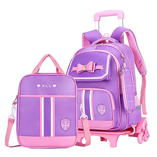 Rolling Backpack for Girls Cute Trolley Bags Primary School Bookbags with Wheels Kids Carry-On Wheeled Backpack with Lunch Bag - color: Girl Purple 6 Wheels, style: 6 Wheels Trolley + Backpack Sets