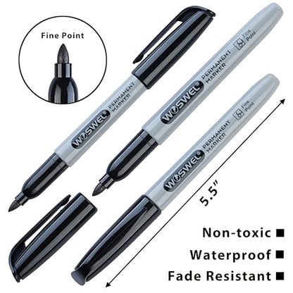 WOSWEL Permanent Markers Bulk, 100 Pack Fine Point Tip Black Permanent Marker Set, Waterproof Markers, Premium Smear Proof Pens, Quick Drying, Office Supplies for School, Office, Home