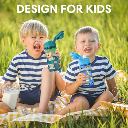 Kids Water Bottle with Bite & Sip Straw, Excavator/Jungle Animals | 13oz Toddler Water Bottle · BPA-Free, Handle, Leak-Proof, and Pop-Up Spout Cover · Safe for School Sports Travel & Camp