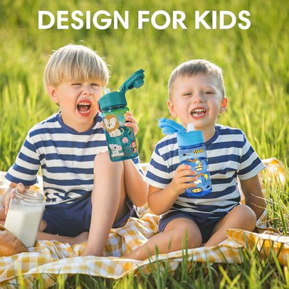 Kids Water Bottle with Bite & Sip Straw, Excavator/Jungle Animals | 13oz Toddler Water Bottle · BPA-Free, Handle, Leak-Proof, and Pop-Up Spout Cover · Safe for School Sports Travel & Camp