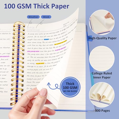 Hardcover Spiral Notebook Journal with Removable PVC Dividers - 8'' x 10'' Large 100 GSM Paper B5 Notebooks with Tabs, 300 Pages Leather 5 Subject Notebook College Ruled for Work School Notes, Blue - color: Blue
