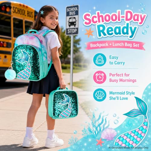 gxtvo 3PCS Girls Backpack, 16" Sequin Prechool Elementary Bookbag and Lunch Box - color: Fish Tail Green