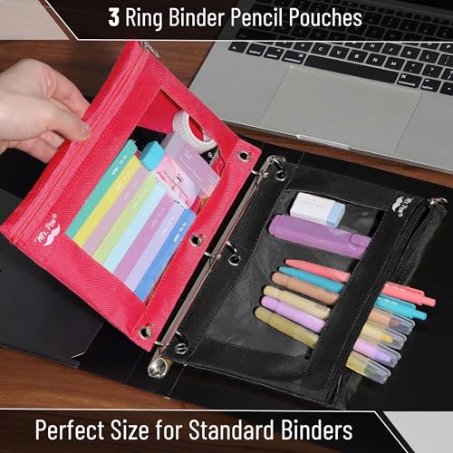 Mr. Pen- Pencil Pouch for 3 Ring Binder, 2 Pack, 10"x6.75", Smooth Zipper | Clear Window, Large Capacity Pencil Case with 3 Reinforced Grommets for School, Office, Supplies Storage | Clear Window, Large Capacity Pencil Case with 3 Reinforced Grommets for