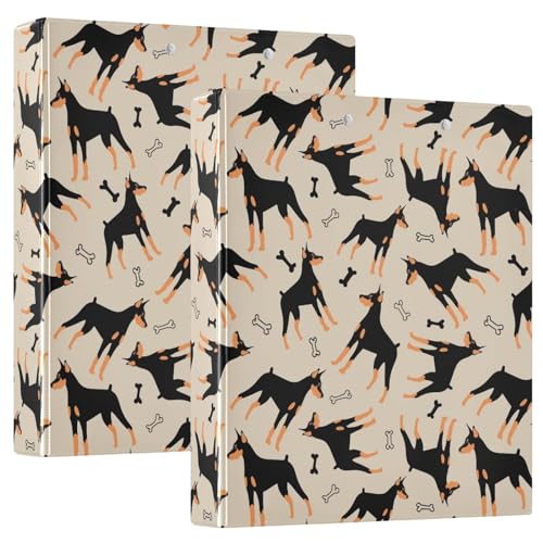 Funny Cartoon Doberman Dog and Bones 3 Ring Binder 1.5" Decorative D-Ring Binder with Clipboard&3 Clear Pockets, Holds 200 Sheets A4 Size Paper Waterproof Binders for School Home Office|2 Pack - color: Doberman Dog, size: 12.4x10.63x2.36 Inch-2 Pack