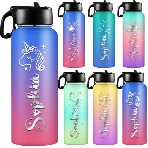 D-Story Personalized Kids Water Bottle with Straw Lid—Custom Name & Icon to Prevent Loss, 18 oz Leak-Proof Stainless Steel Insulated Bottle, Back-to-School Birthday Gift for Boys and Girls - color: Name &Icon