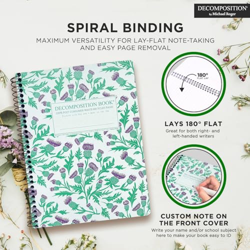 Decomposition Thistles College Ruled Spiral Notebook - 9.75 x 7.5 Journal with 160 Lined Pages - 100% Recycled Paper - Cute Notebooks for School Supplies, Home & Office - Made in USA - color: Green, Purple Thistle, style: Spiral-bound