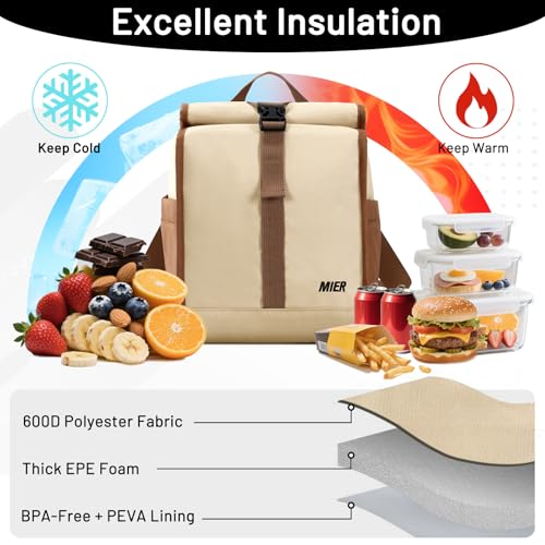 MIER Insulated Lunch Bag Roll Top Lunchbox for Women Men Adults Foldable Rolltop Lunch Tote with Shoulder Strap for Work Office Picnic, Water Bottle Holder, Khaki - color: Khaki