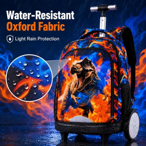 UFNDC Big Wheel Rolling Backpack for Boys, Water-Resistant Wheeled School Bag with Lunch Box & Pencil Case, 3-Pack Kids Roller Bookbag Travel Set - Fire Dinosaur - color: Rolling Backpack Fire Dinosaur Orange