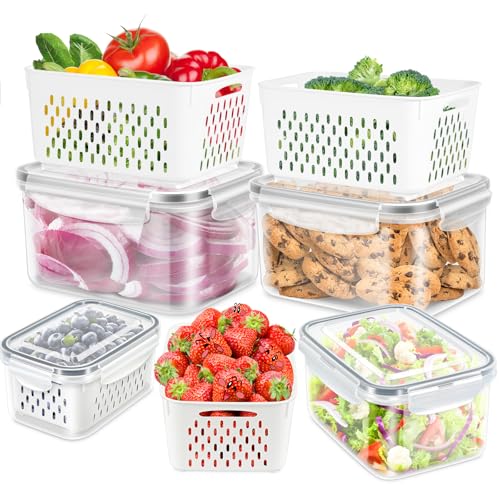 4 Pack Fruit Storage Containers for Fridge Berry Keeper Produce Saver | Airtight Food Container Set with Colander Lettuce Keep Fresh BPA Free Plastic Refrigerator Organizer Freezer Dishwasher Safe