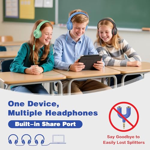 SIMOLIO 2 Pack Wired Headphones with Share Port, USB C to 3.5mm Dongle, MIC | Manyshare Series, 3-Level Volume Limiter, Passive Noise Cancelling, Foldable Over-Ear Headset for School Travel Adult iPad PC - color: Black & Fresh Green