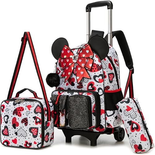 Meetbelify Girls Rolling Backpack with Wheels Kids Wheels Backpack for Girls - color: Bowknot Red