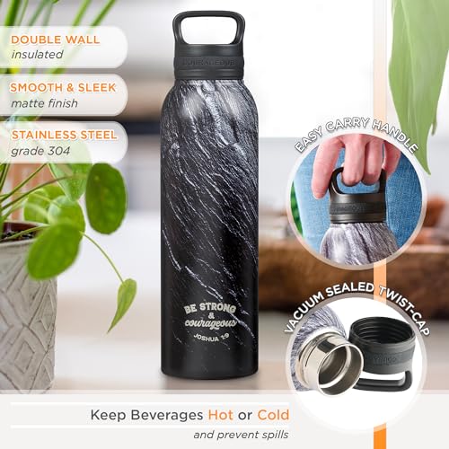 Christian Art Gifts Stainless Steel Double Wall Vacuum Insulated Water Bottle for Men & Women: Strong & Courageous - Joshua 1:9 Inspirational Verse w/Carry Handle Lid, Black/Granite/Slate, 24 oz. - color: Black Marble/Swirl - Strong & Courageous