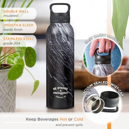 Christian Art Gifts Stainless Steel Double Wall Vacuum Insulated Water Bottle for Men & Women: Strong & Courageous - Joshua 1:9 Inspirational Verse w/Carry Handle Lid, Black/Granite/Slate, 24 oz. - color: Black Marble/Swirl - Strong & Courageous