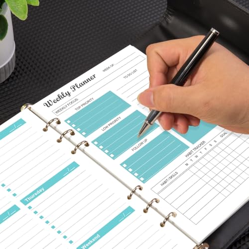 6-Hole Weekly Planner Refills for A5 Binders - 53 Sheets/106 Pages Undated Weekly Planner, 100 gsm White Paper, Lasts 1 Year, Undated, 5.8" x 8.3", Teal - size: 1-Pack, style: 6-Hole